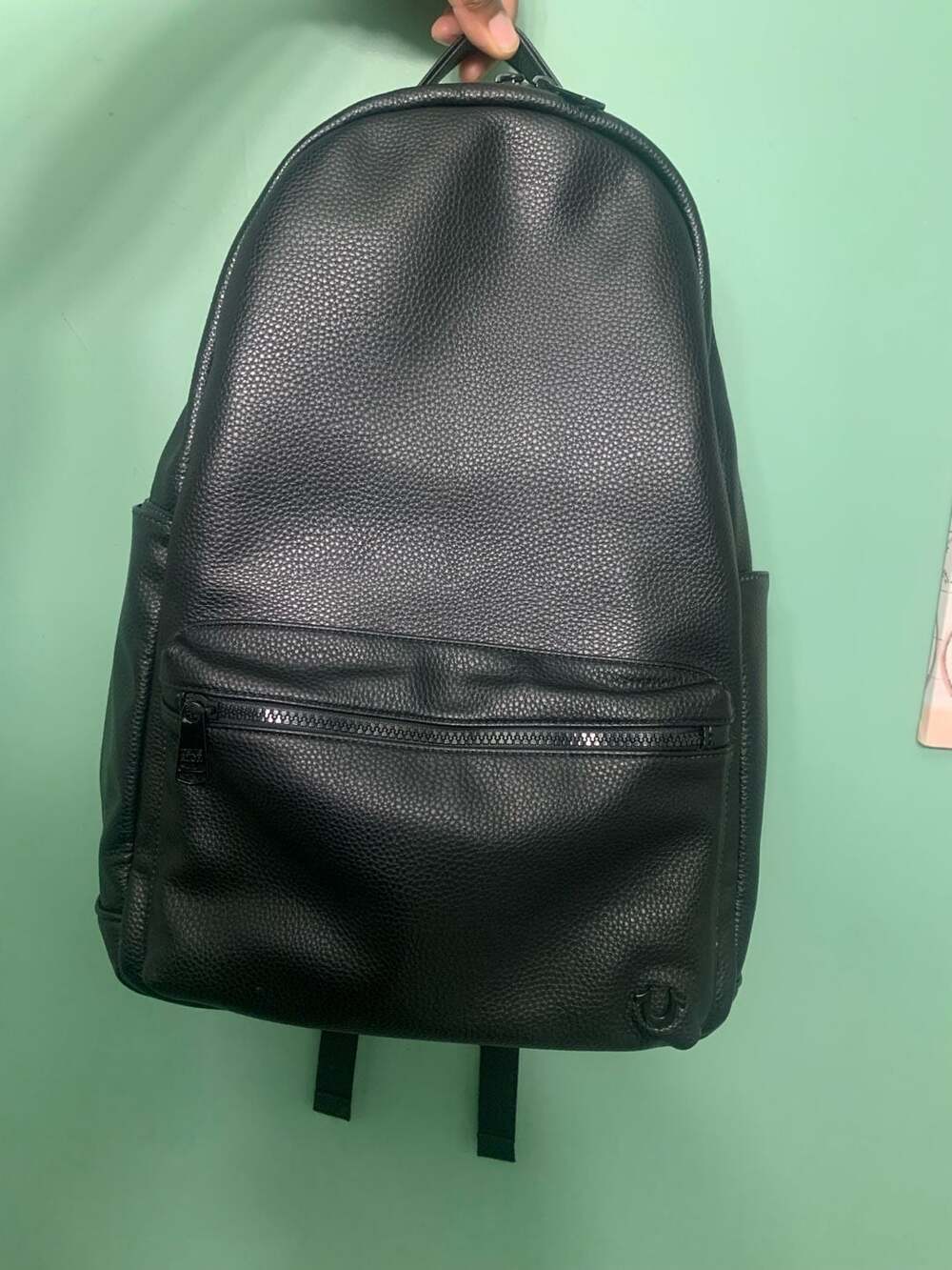 True Religion Black Faux Leather Backpack Laptop Pouch Excellent Condition